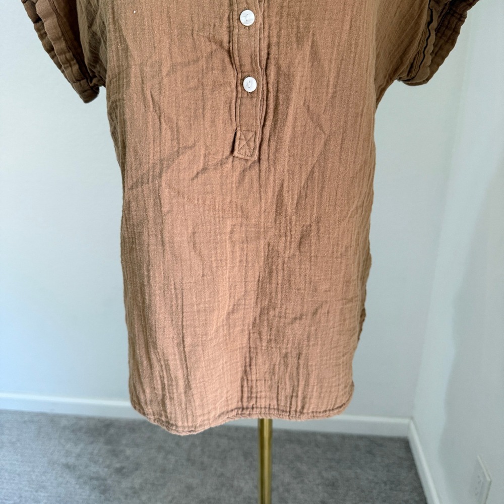 Quince Organic Cotton Gauze Roll Sleeve Henley Shirt Toasted Coconut Brown XS - Picture 3 of 9